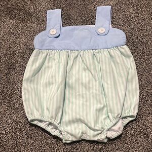 The Beaufort Bonnet Company Light Blue and Mint Striped Bodysuit